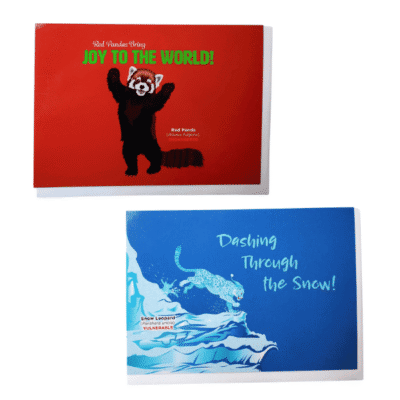 Image of two holiday cards featuring a red panda and a snow leopard with holiday greetings as the text.