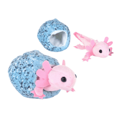Image of blue and pink axolotl hatching from egg plush kids toy.