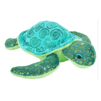 Image of blue and green seaturtle plush toy featuring foil detail design