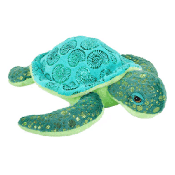 Image of blue and green seaturtle plush toy featuring foil detail design