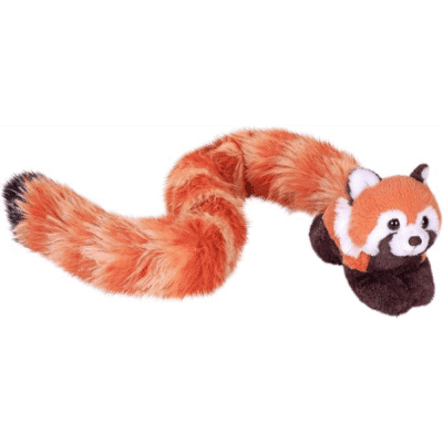 Image of stuffed toy red panda with extra long fluffy tail.