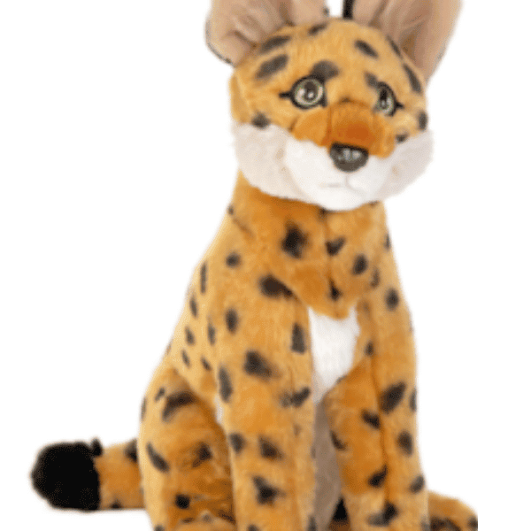 Image of orange with black spots serval cat plush toy.